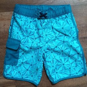 Lands' End Sz 8 Kids Blue Teal Geometric Swim Board Shorts